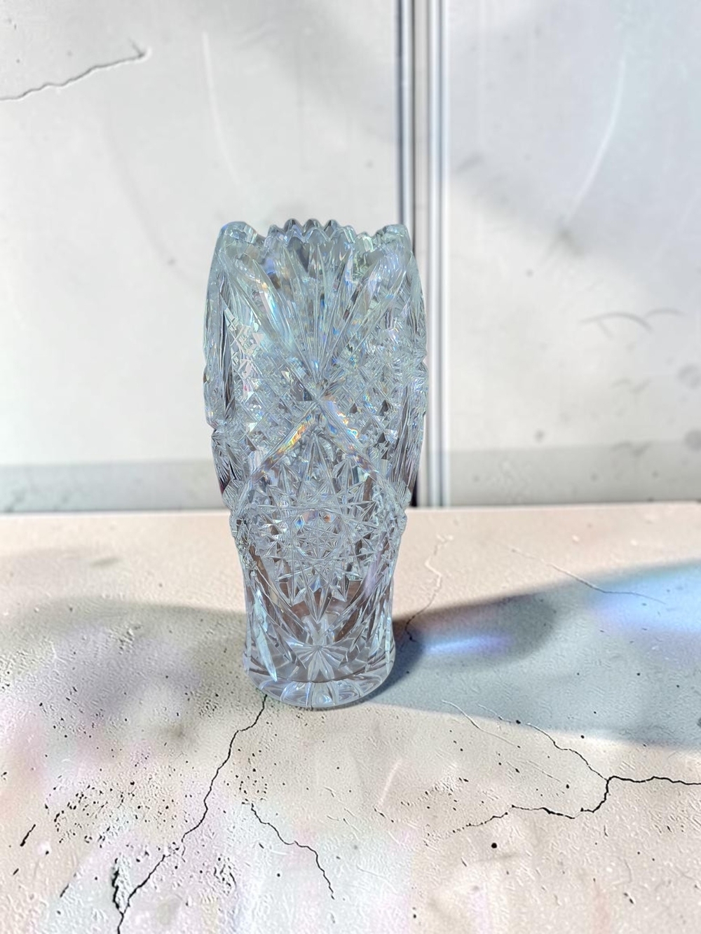 Antique Hand-Cut Bohemian Clear Lead Crystal Vase-Ckeck Republic
